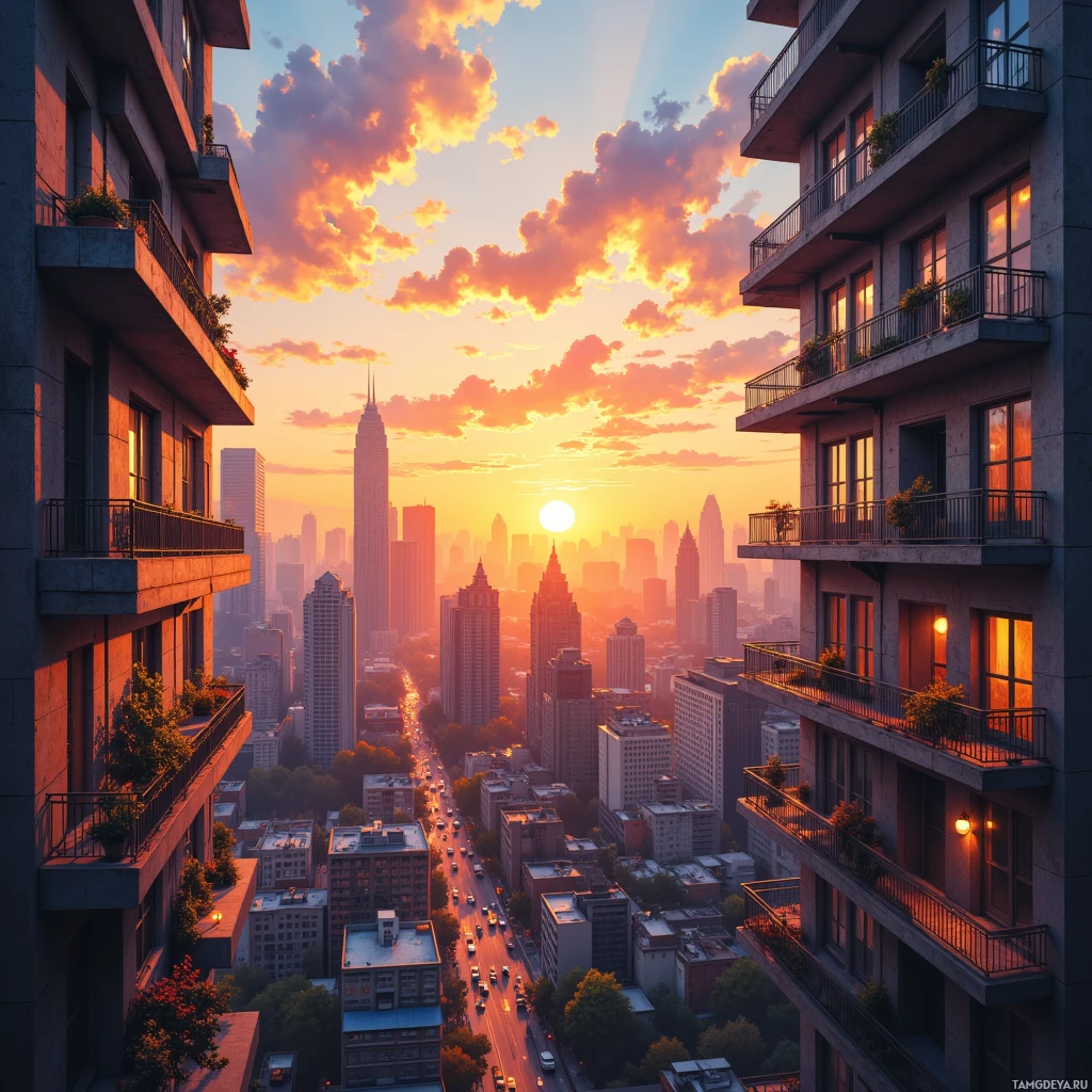 A cityscape at sunset with tall buildings and a vibrant sky.