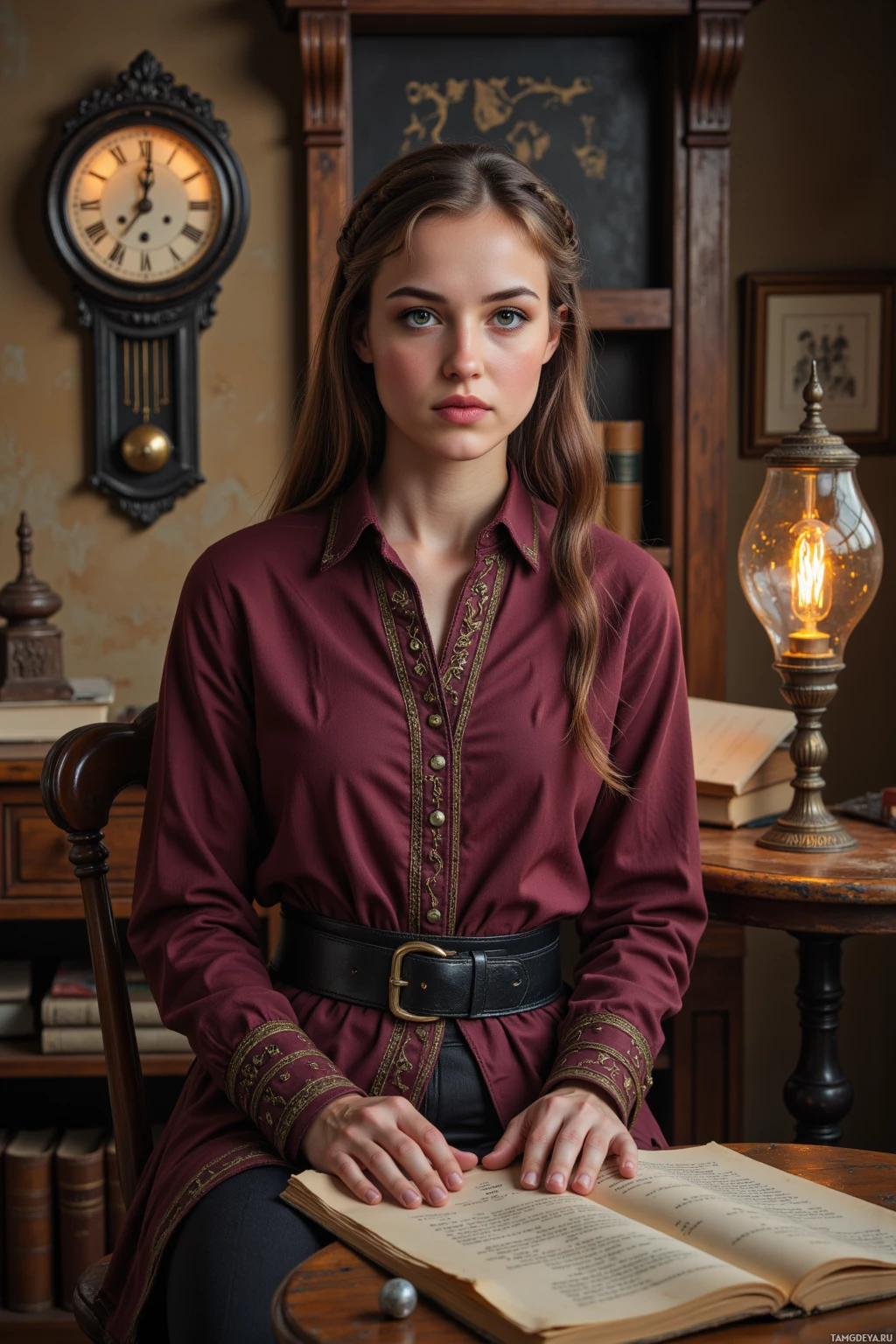 A woman in a maroon blouse with gold embroidery sits at a desk with an open book, surrounded by vintage decor.
