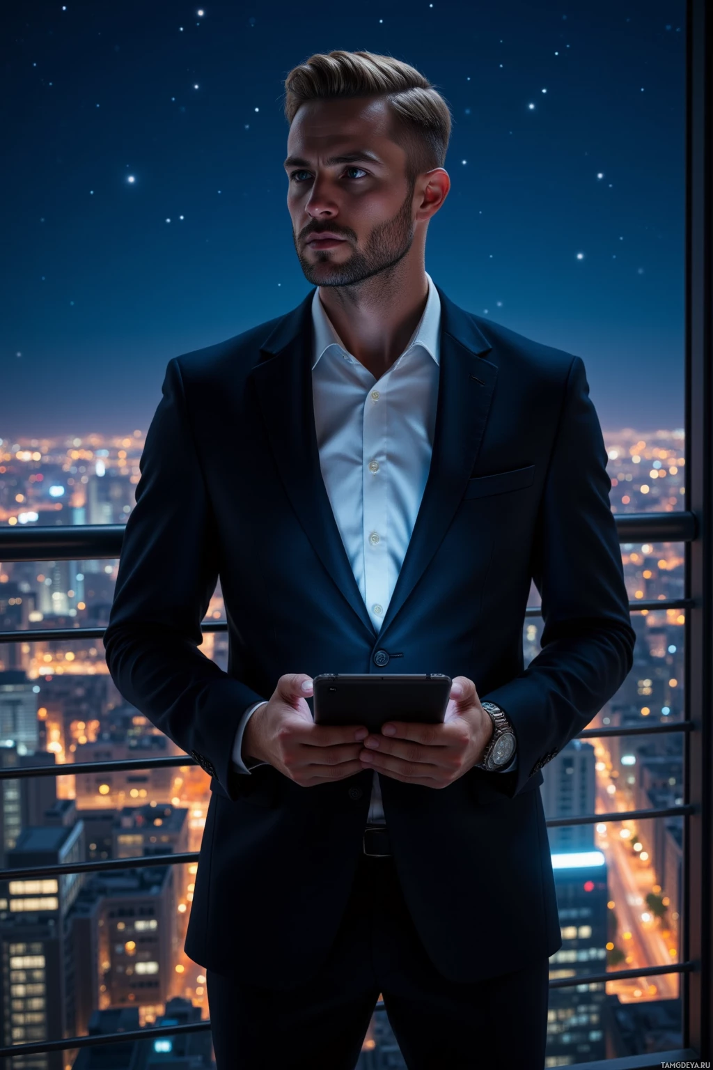 A man in a suit stands on a balcony overlooking a cityscape at night.