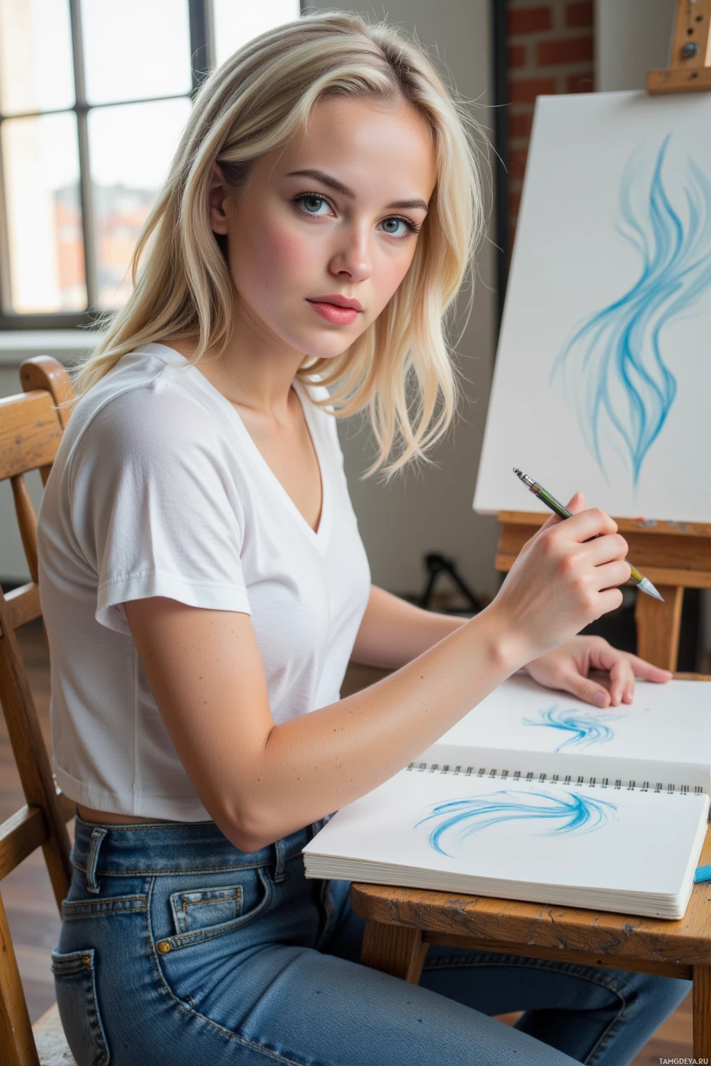 A person in a white shirt and jeans is drawing on a sketchbook with a pencil.