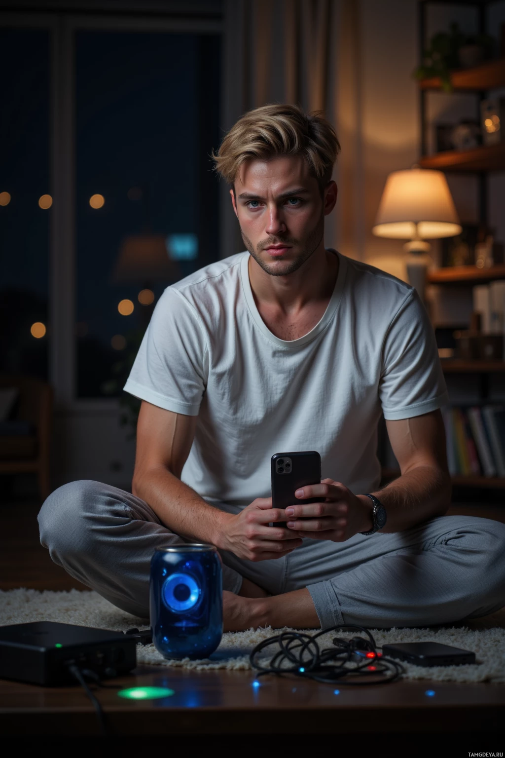 A person sits cross-legged on a carpet, holding a smartphone, with a glowing blue device and cables nearby.