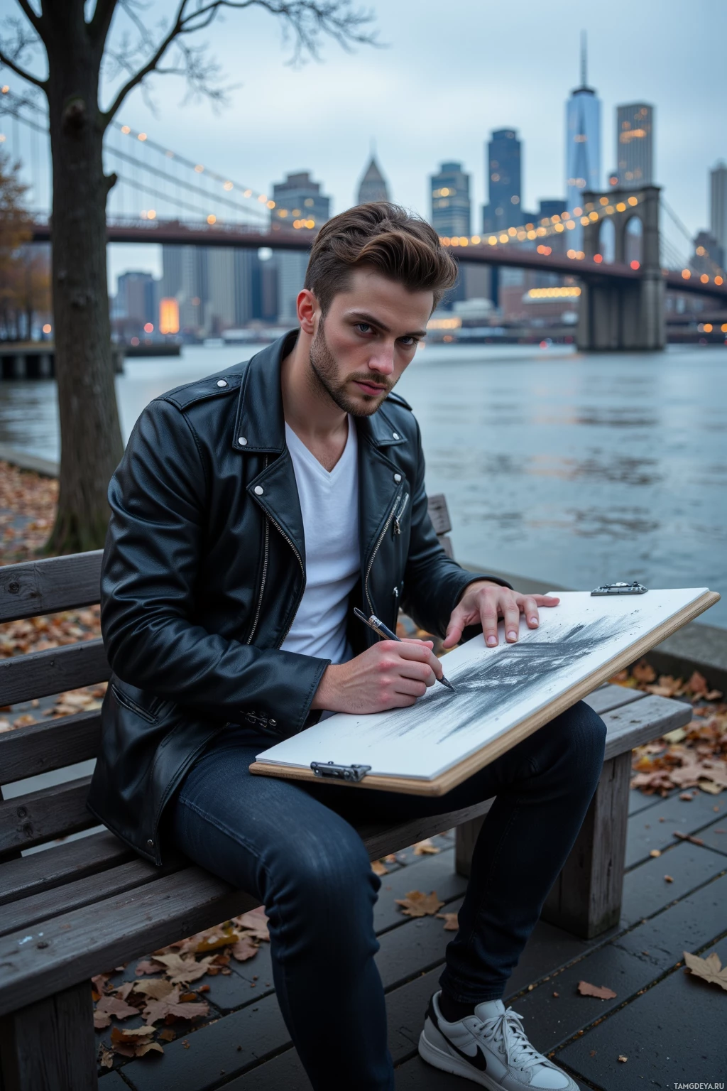 A man in a leather jacket sits on a bench, sketching on a pad with a cityscape and bridge in the background.