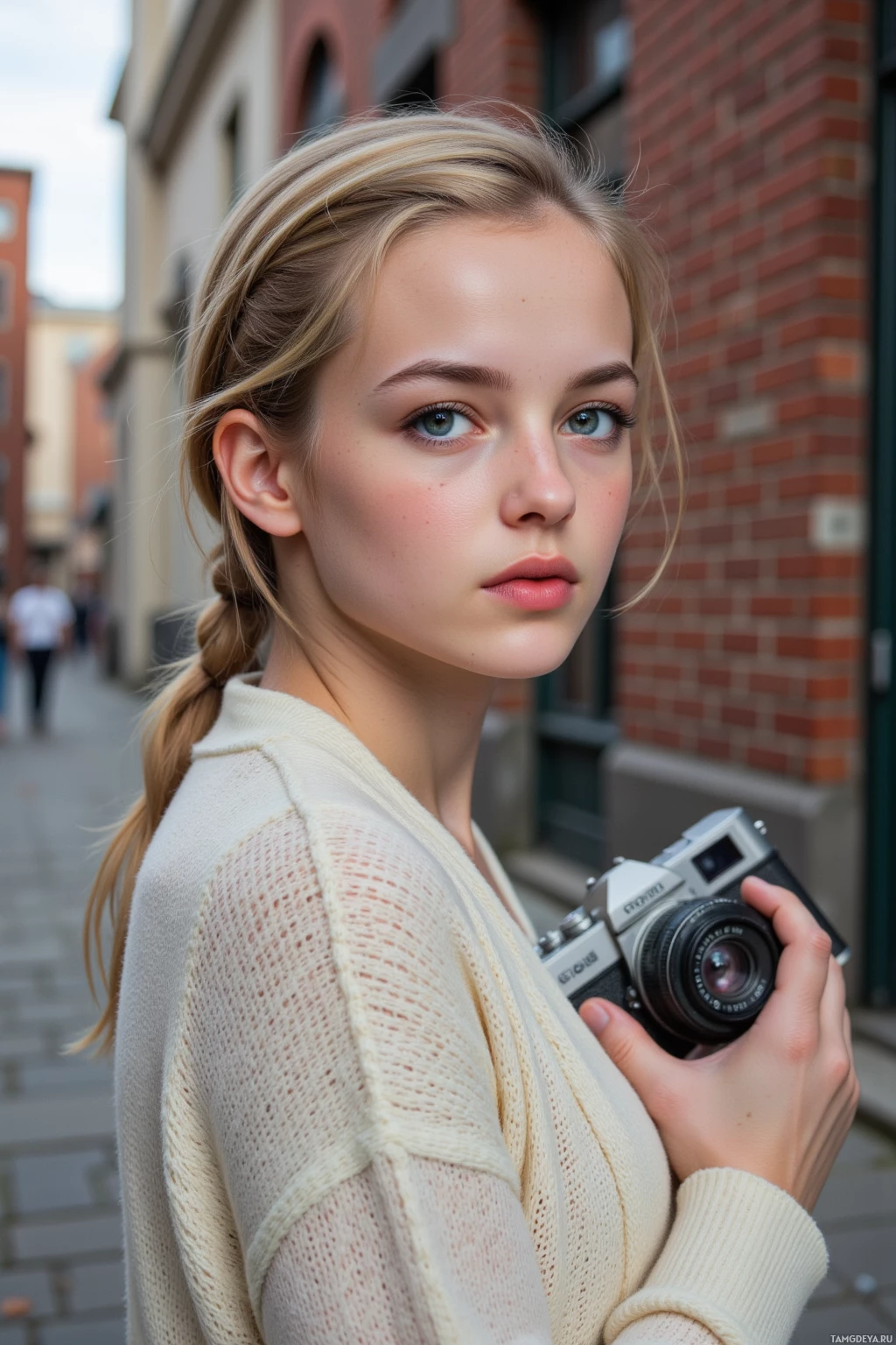 A young woman with a braid holds a camera while standing on a street.