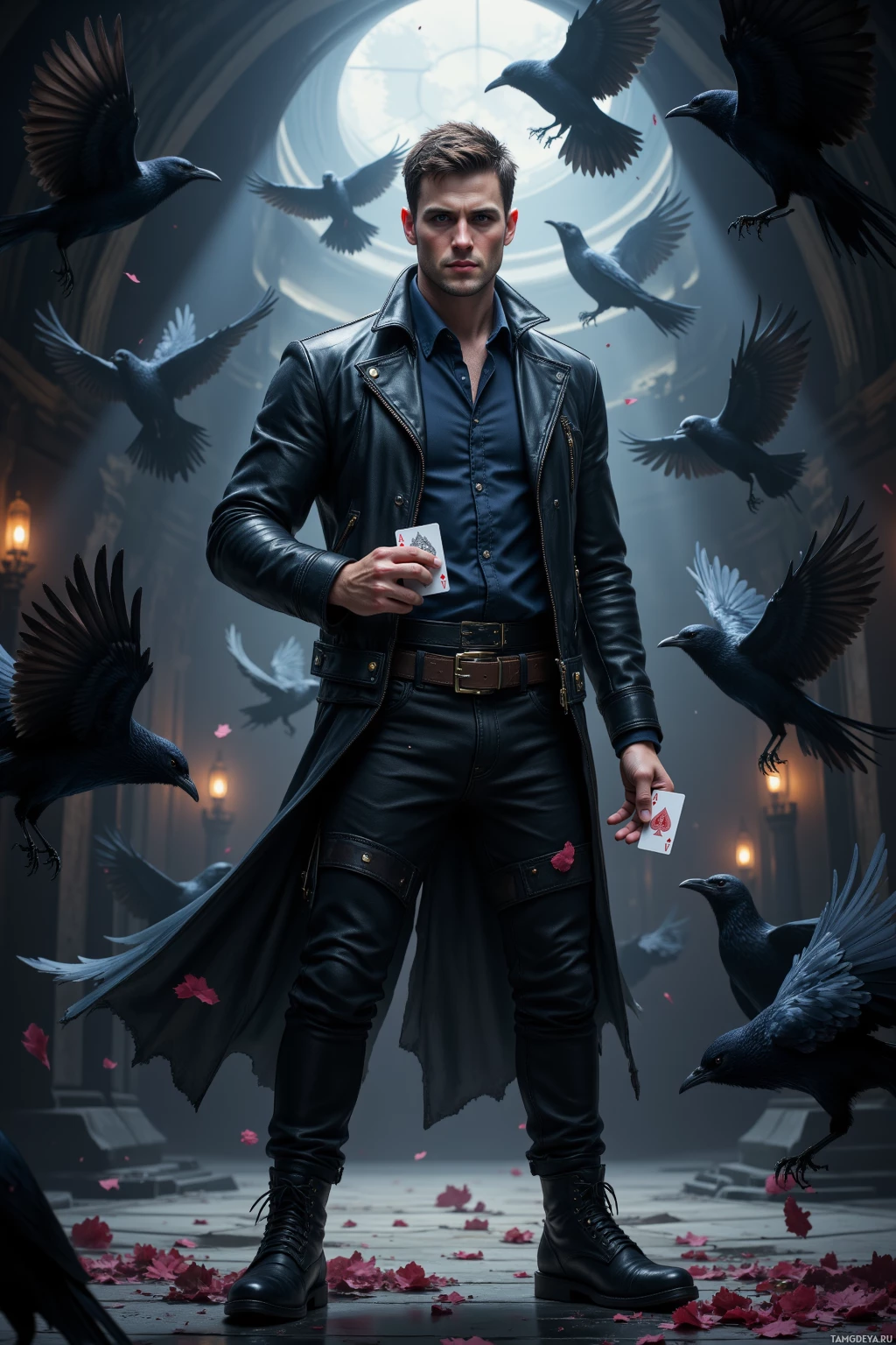 A man in a leather outfit stands amidst flying crows in a dimly lit, gothic setting.