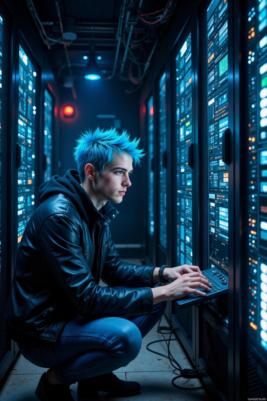 A person with blue hair is crouching in a server room, working on a computer.