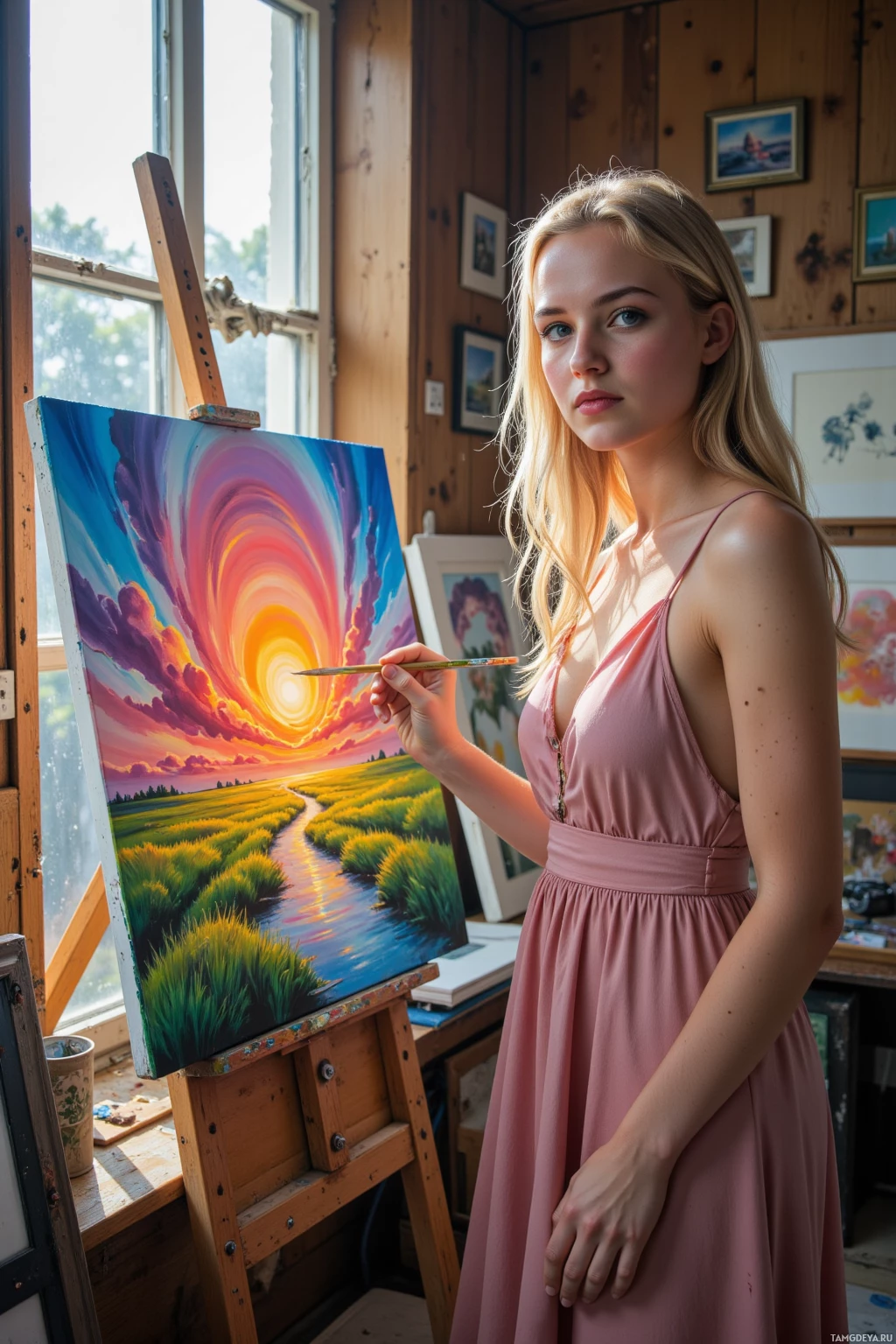 A woman in a pink dress stands in an art studio, holding a paintbrush near a vibrant landscape painting.
