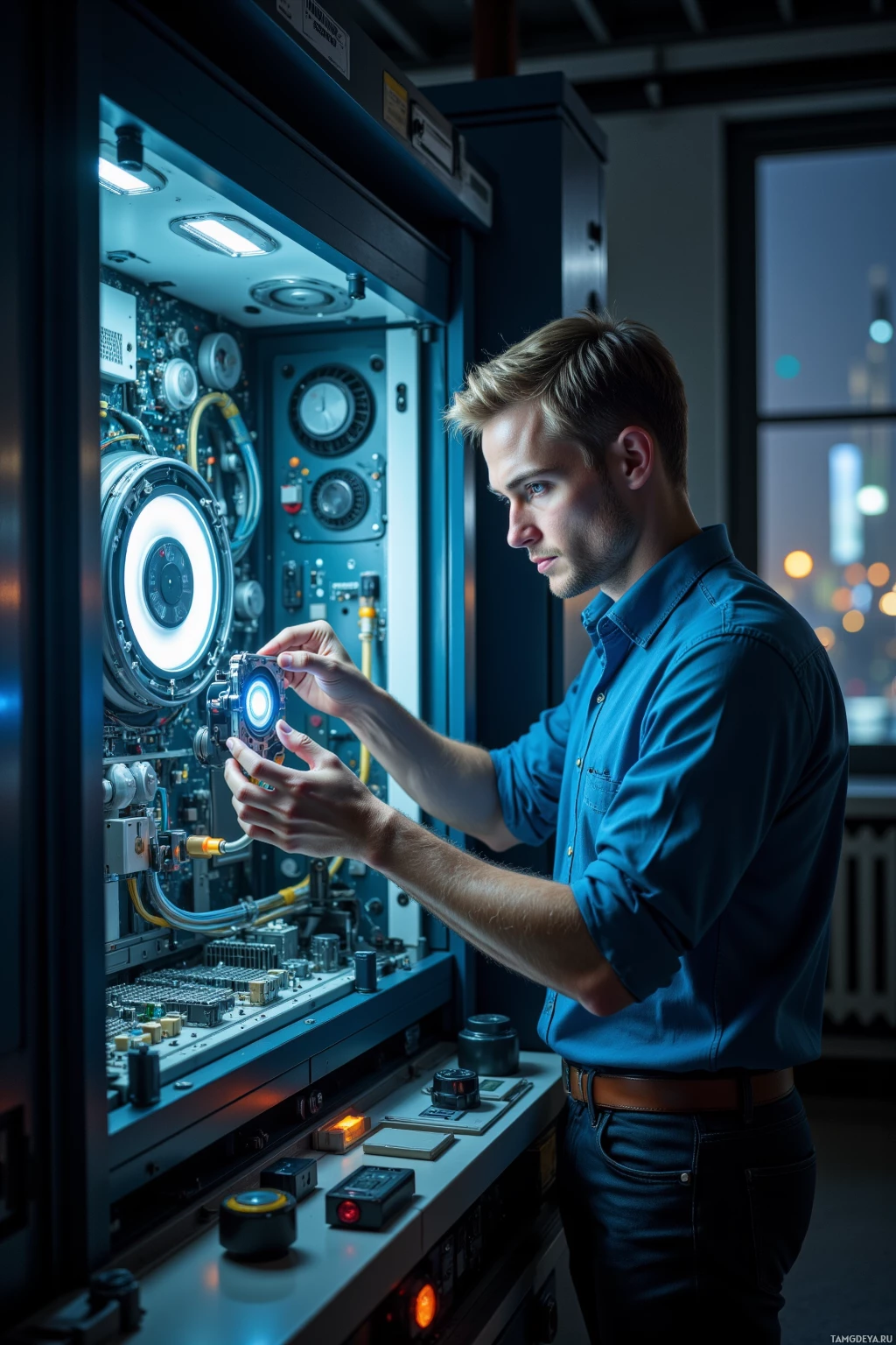 A man in a blue shirt is working on a complex electronic device with various controls and lights.