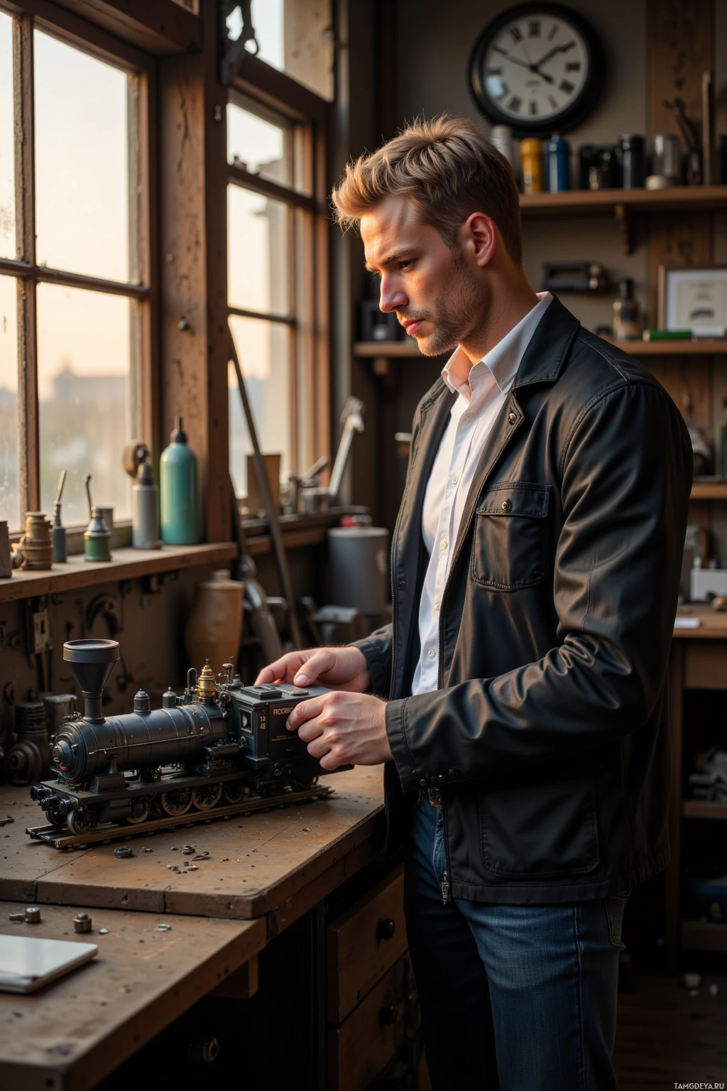 A man in a workshop examines a model train.