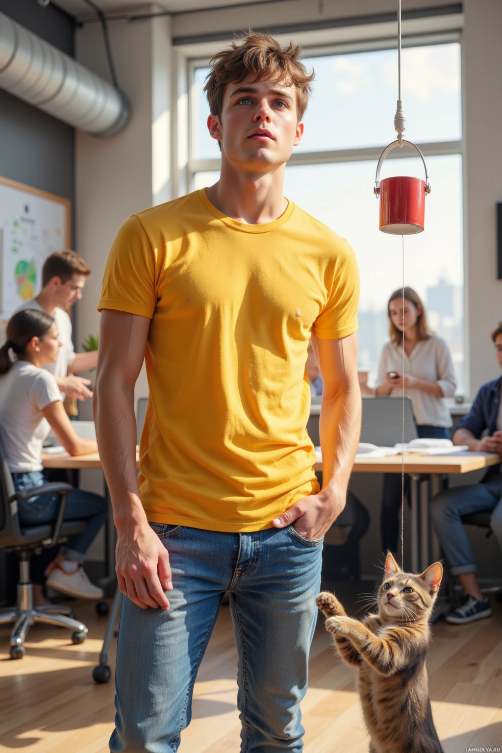 A man in a yellow shirt stands in an office with a cat reaching up towards him.