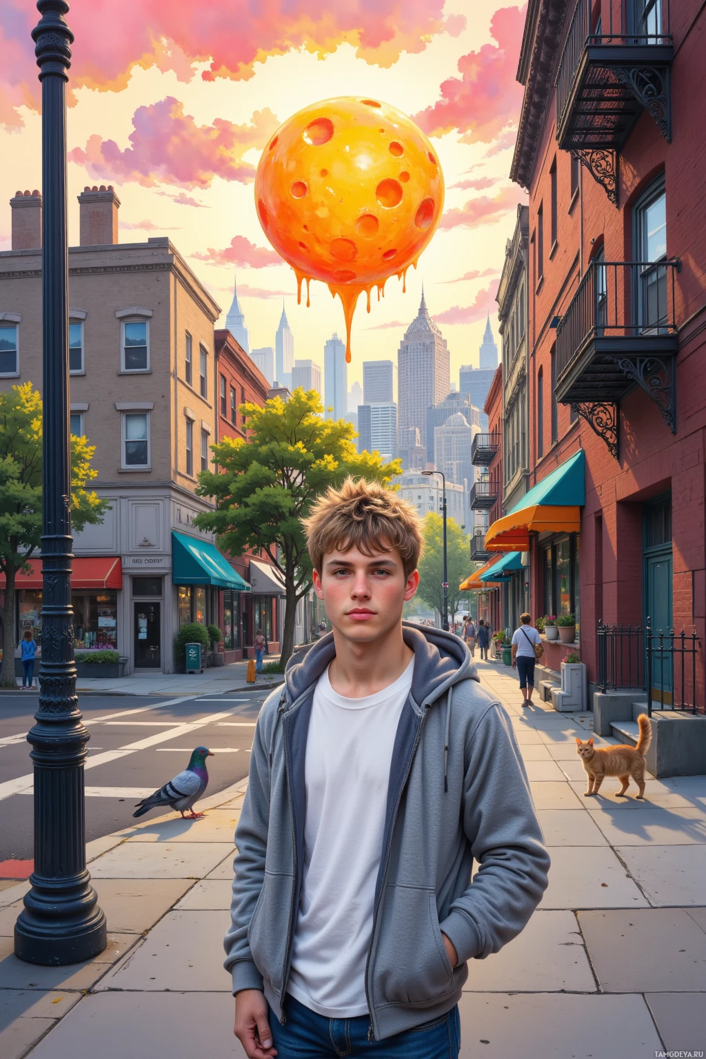 A young person stands on a city sidewalk with a large, surreal orange orb floating above them.