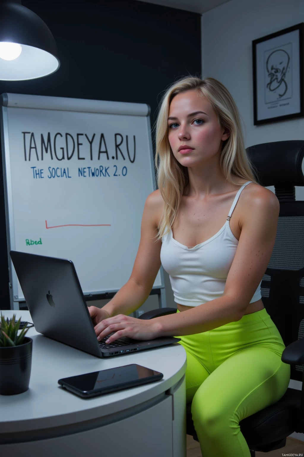 A woman in a white tank top and neon green leggings works on a laptop in an office setting.