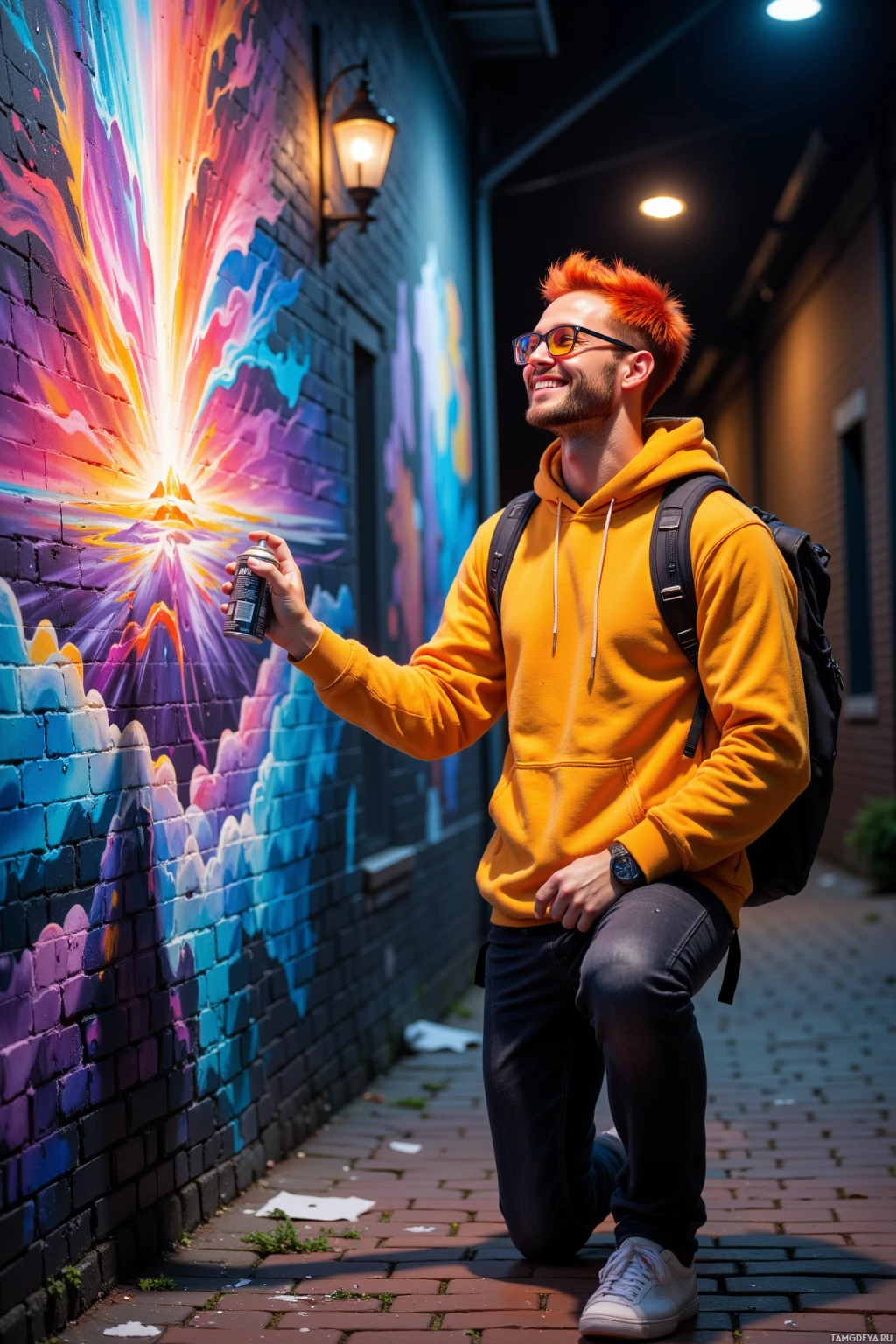 A person in an orange hoodie kneels beside a vibrant graffiti wall at night.