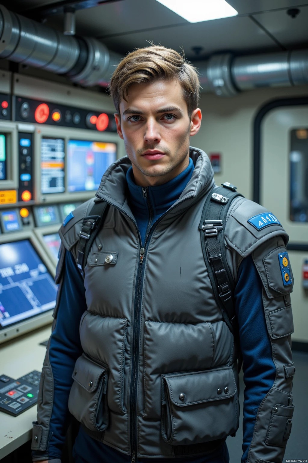 A person in a futuristic uniform stands in a control room.