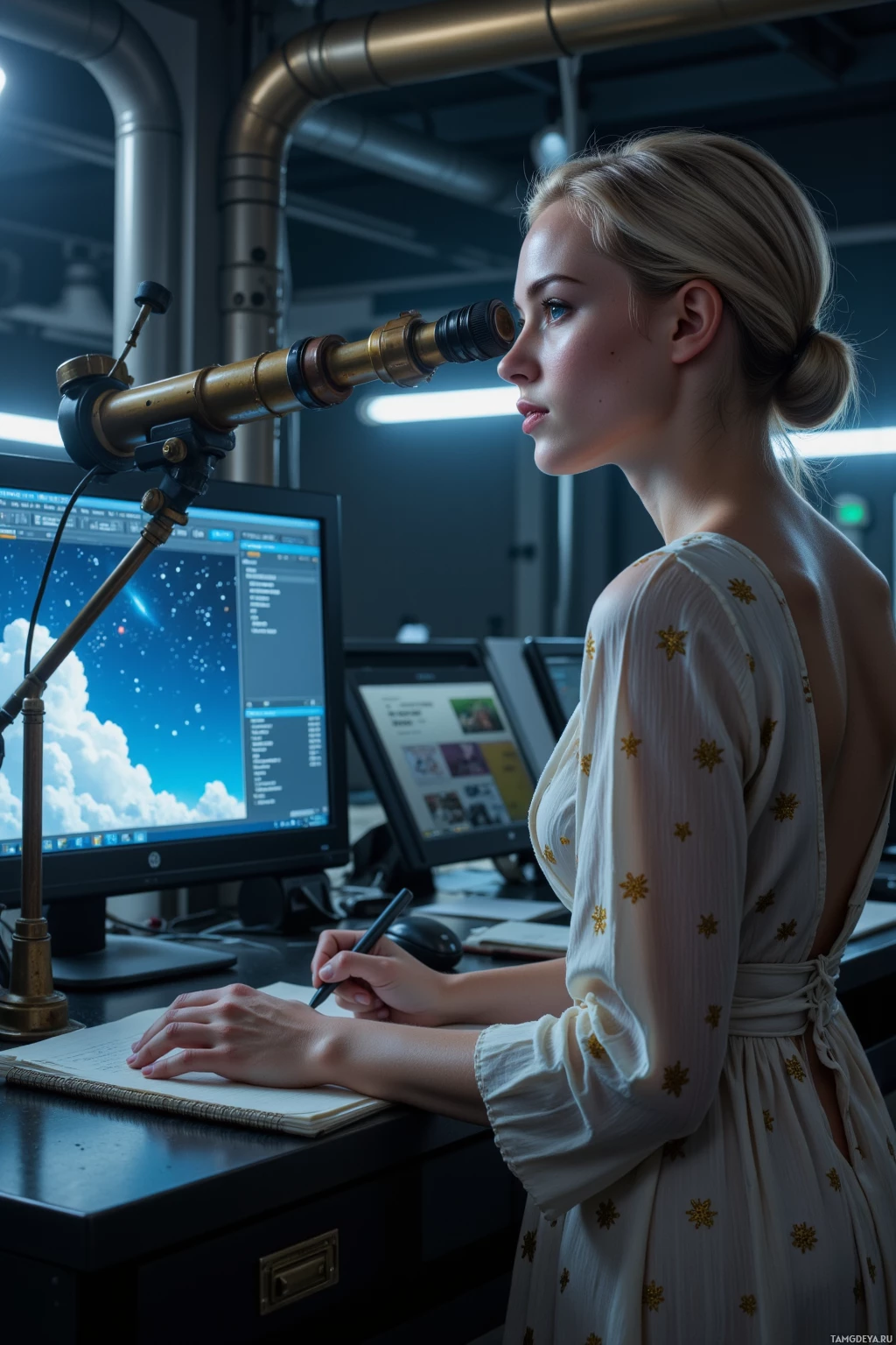 A woman in a white dress with gold stars is working at a desk, looking through a telescope and taking notes.