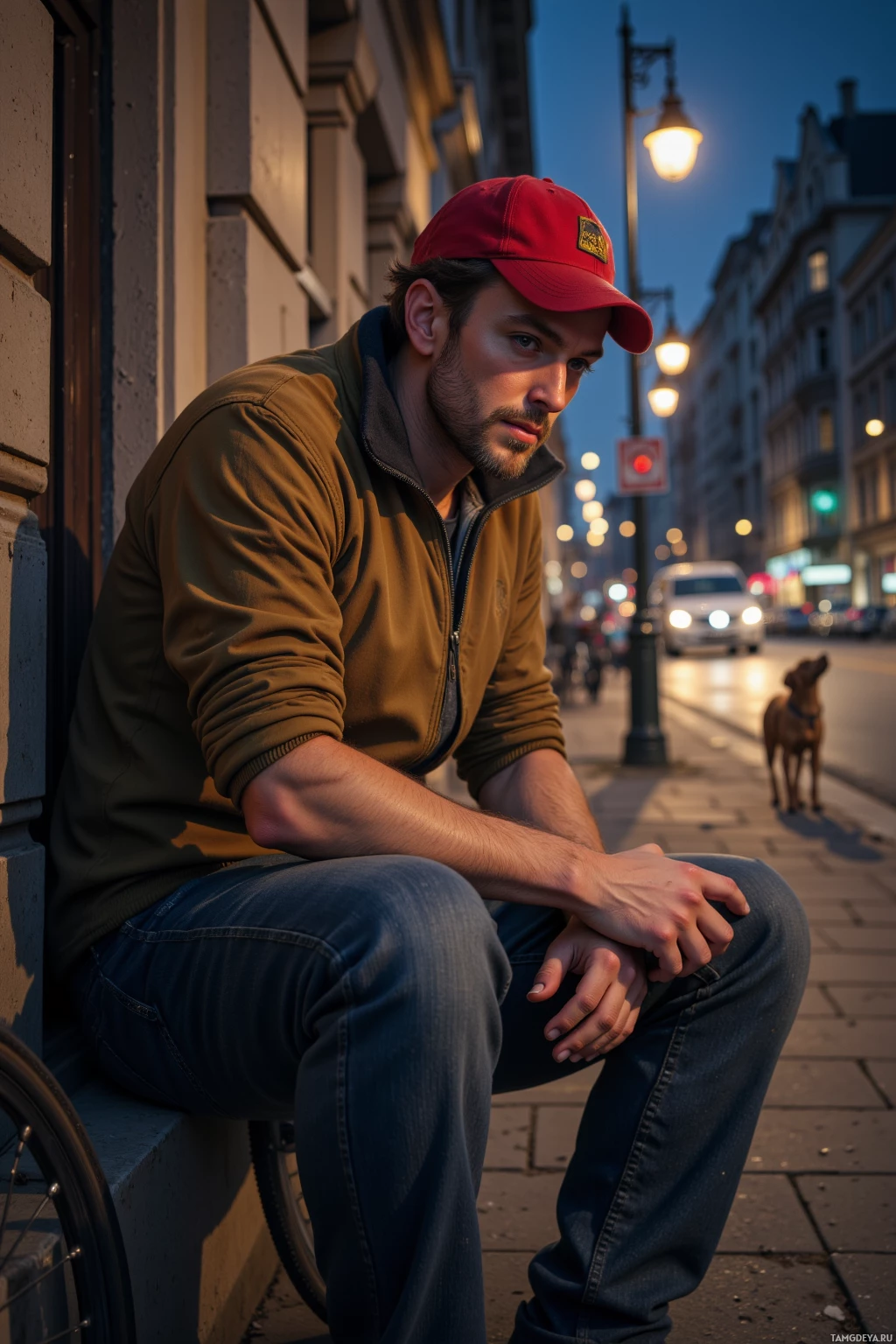 A man in a red cap and casual attire sits on a ledge, gazing into the distance on a city street at dusk.