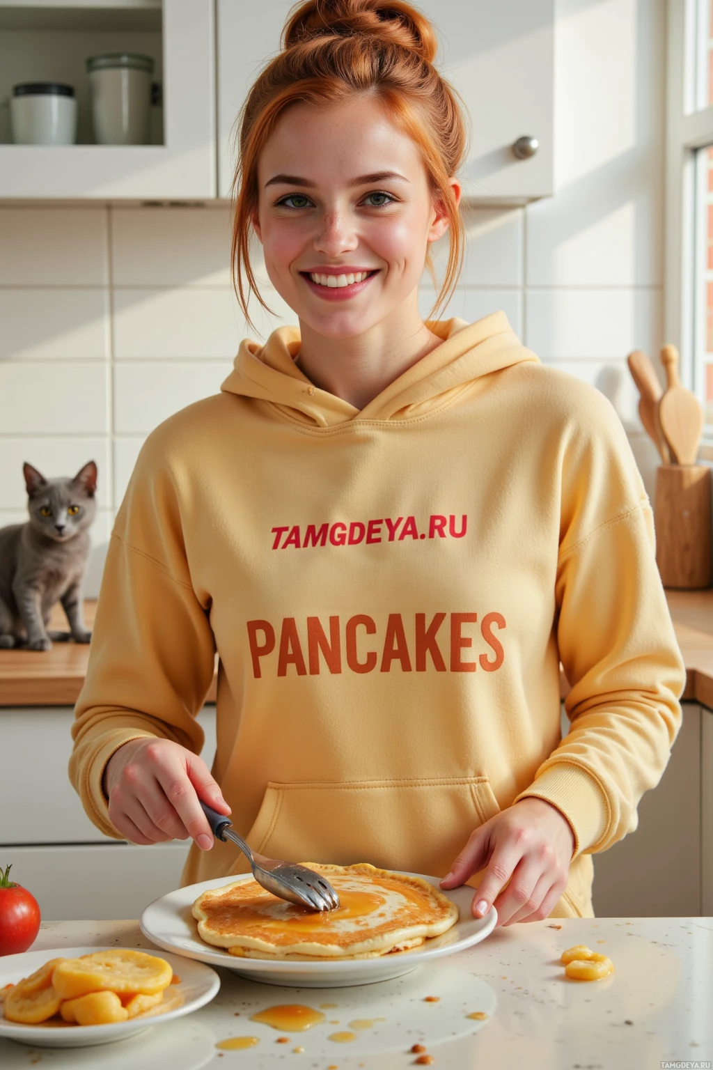 A person in a yellow hoodie stands in a kitchen, holding a spatula over a plate of pancakes.