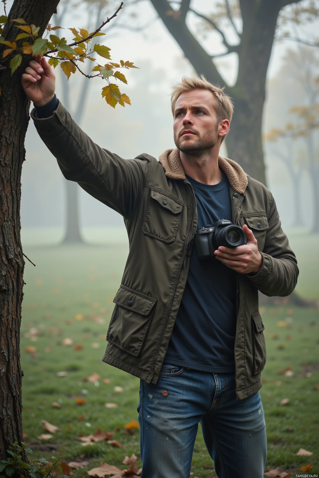 A man in a jacket and jeans stands in a misty park, holding a camera and reaching for a branch.