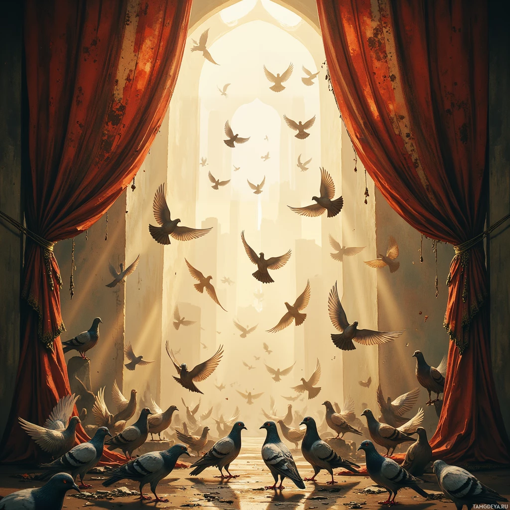 A group of pigeons is gathered in a dimly lit room with red curtains and a bright light source in the background.
