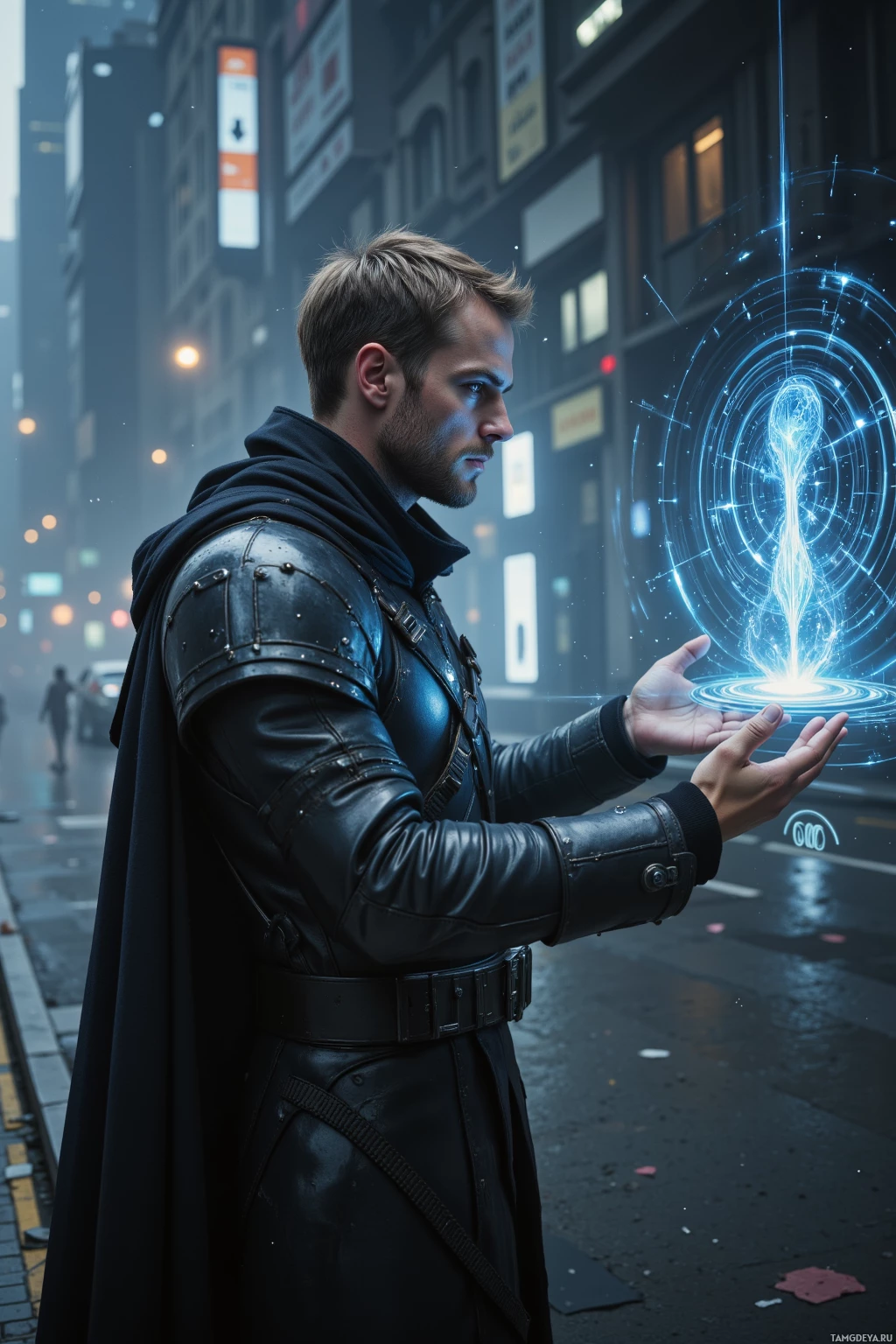 A man in a dark, futuristic outfit stands on a rainy street, holding out his hand towards a glowing, circular energy field.