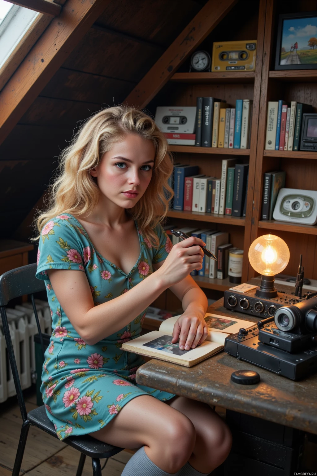 A woman in a floral dress sits at a desk, holding a pen and looking at a book.