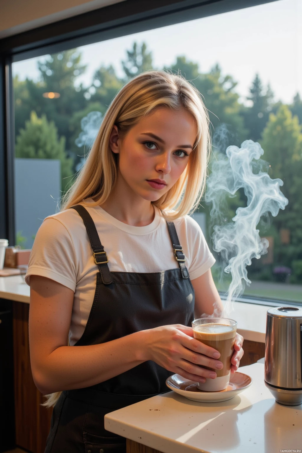 A person in an apron holds a steaming cup of coffee in a cafe setting.