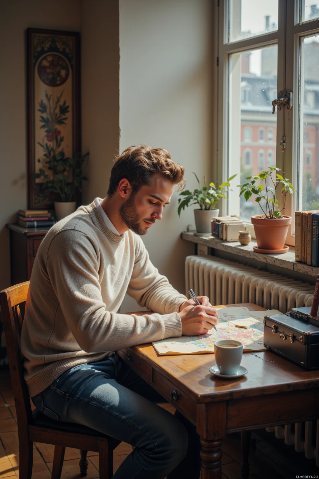 A man sits at a desk by a window, writing in a notebook with a cup of coffee nearby.