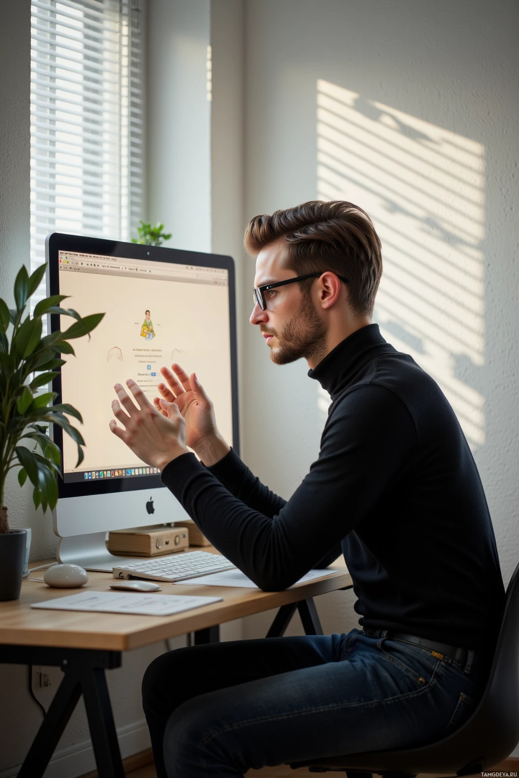 A man sits at a desk, working on a computer with a plant nearby.
