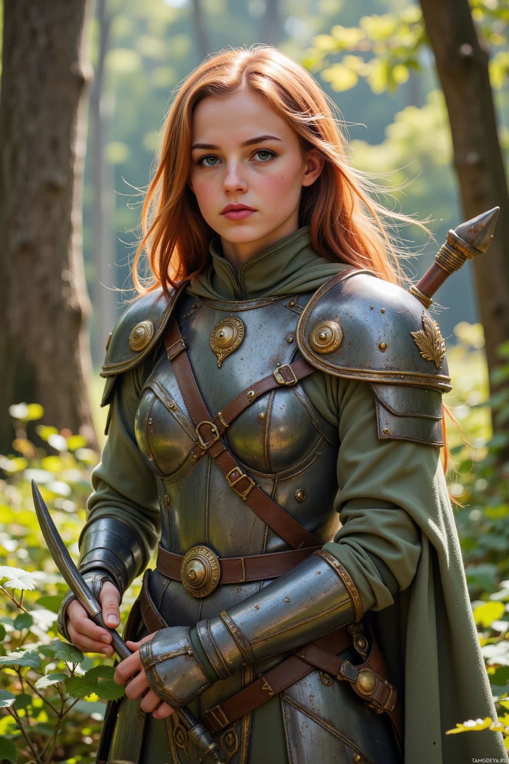 A woman in medieval armor stands in a forest, holding a sword.