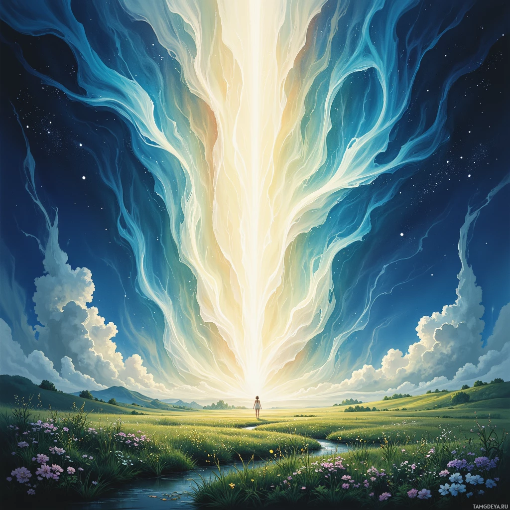 A serene landscape with a person walking towards a radiant light in the sky.