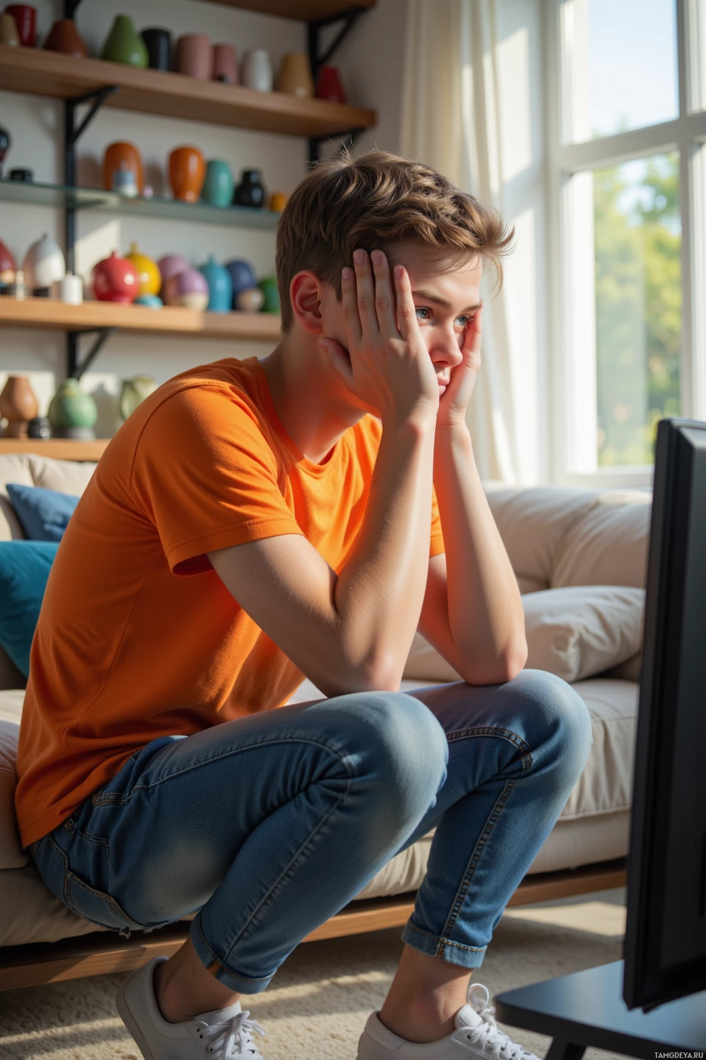 A young person in an orange shirt and jeans sits on a couch, hands on their face, in a room with shelves of colorful vases and a window.
