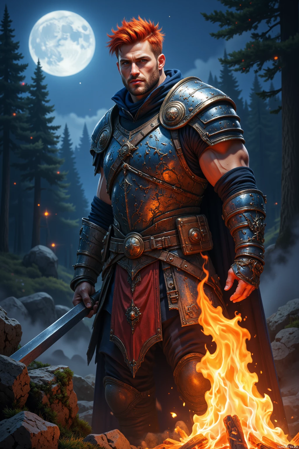 A warrior in ornate armor stands beside a glowing campfire in a forest at night.