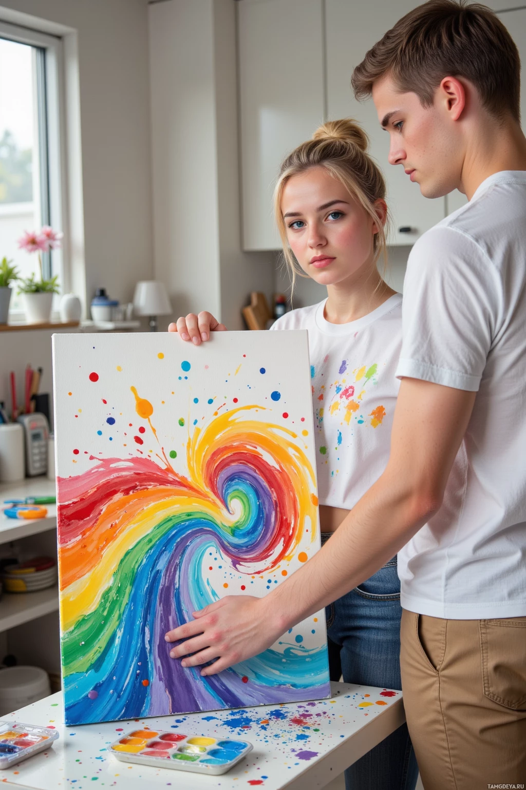 A couple stands together, admiring a colorful abstract painting on a canvas.