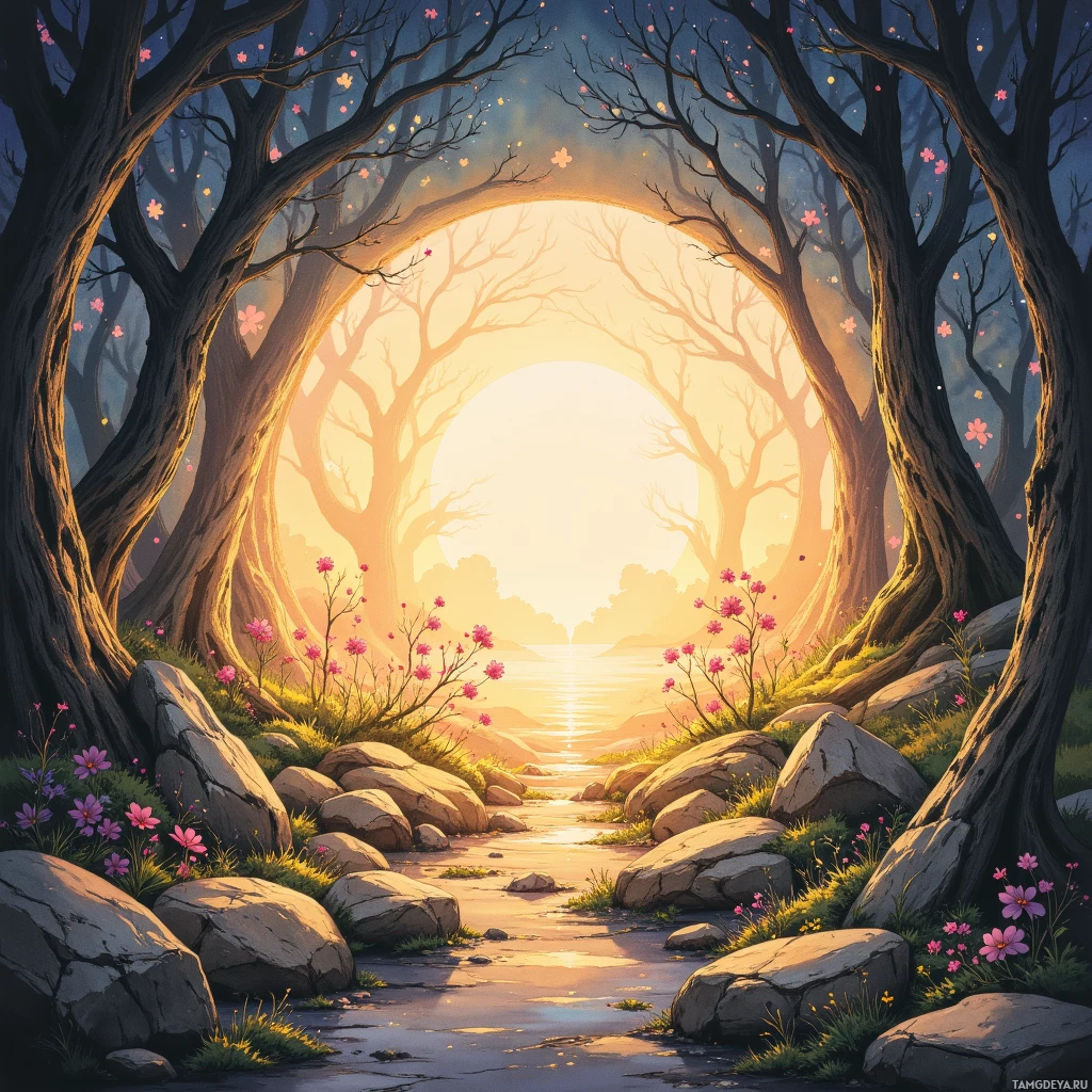 A serene forest scene with a glowing path leading to a bright light at the end.