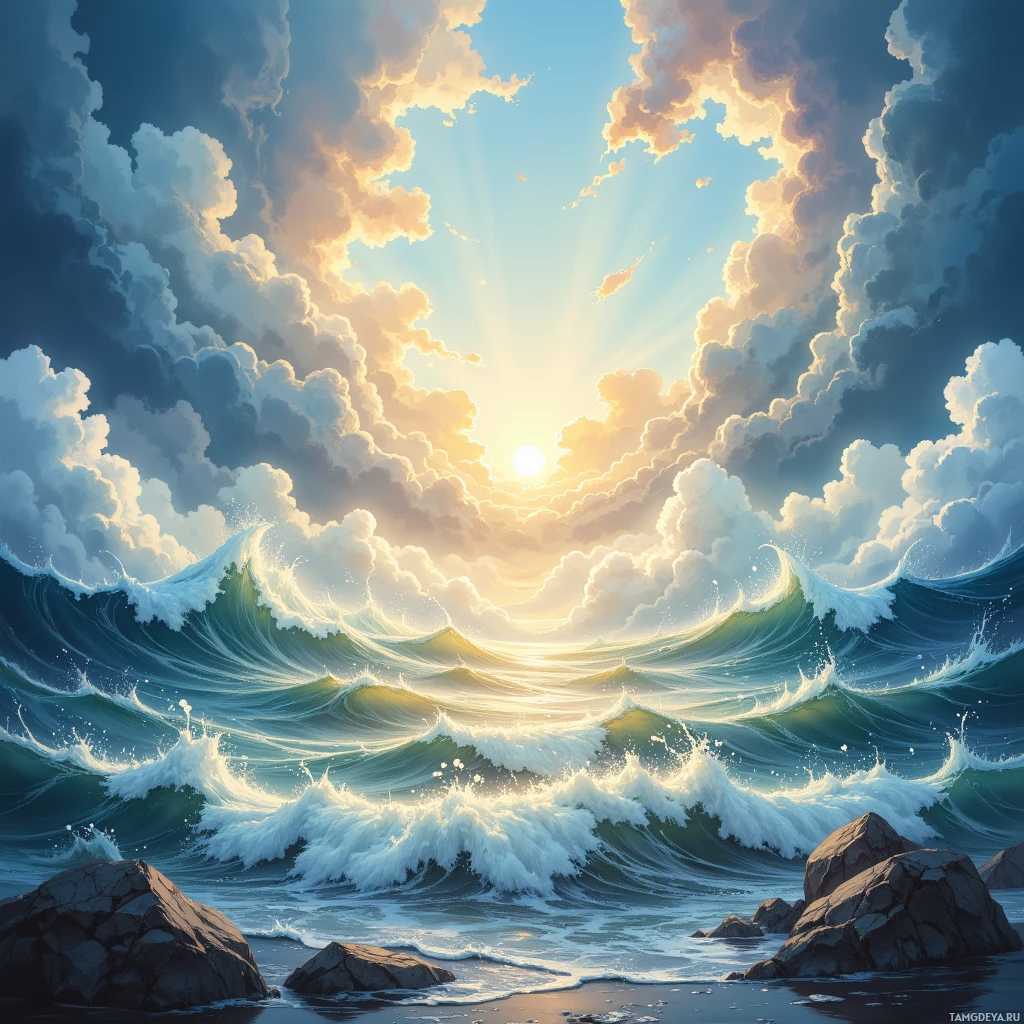 A dramatic sunset over the ocean with large waves crashing against rocks.