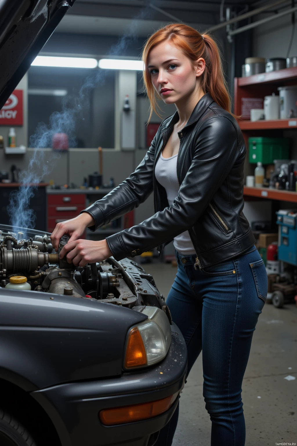 A woman in a leather jacket works on a car in a garage.