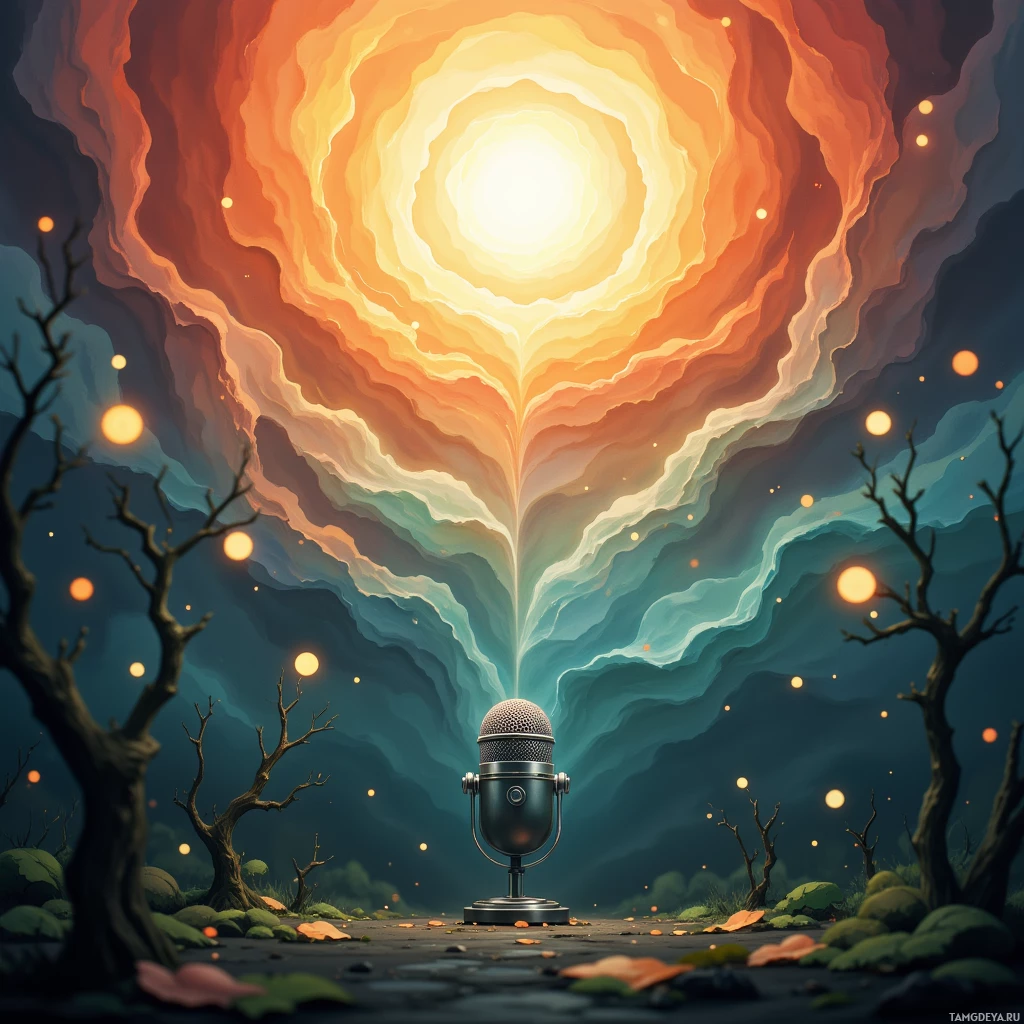 A surreal landscape featuring a microphone emitting a radiant, swirling light in a forest setting.