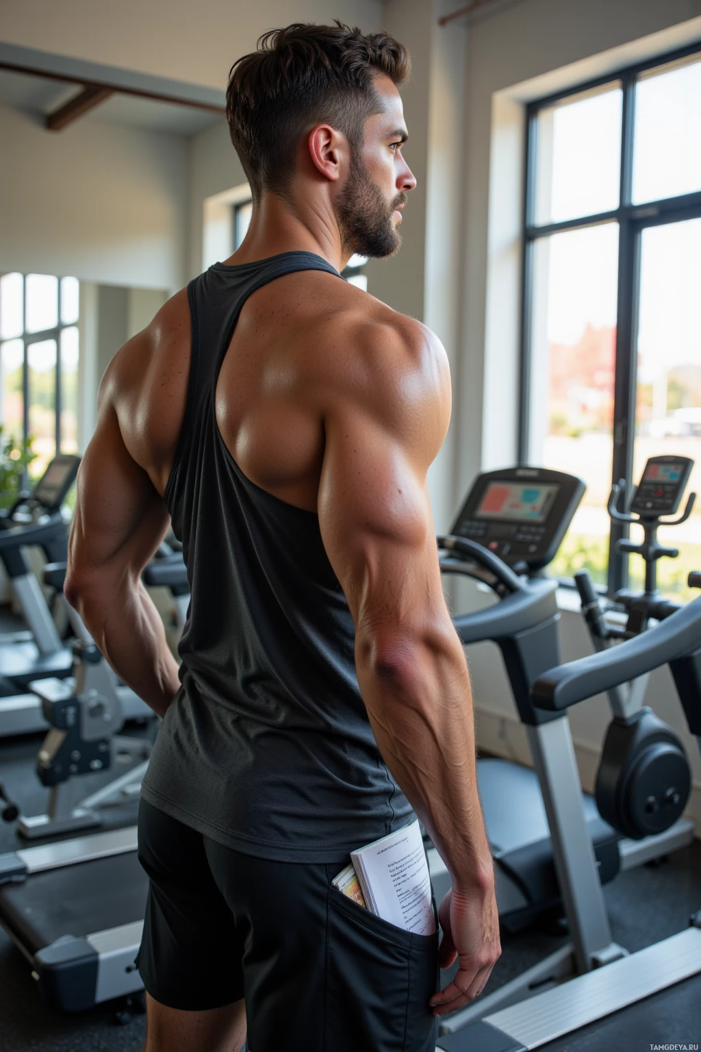 A muscular man in a gym, wearing a tank top and shorts, stands with his hands in his pockets.
