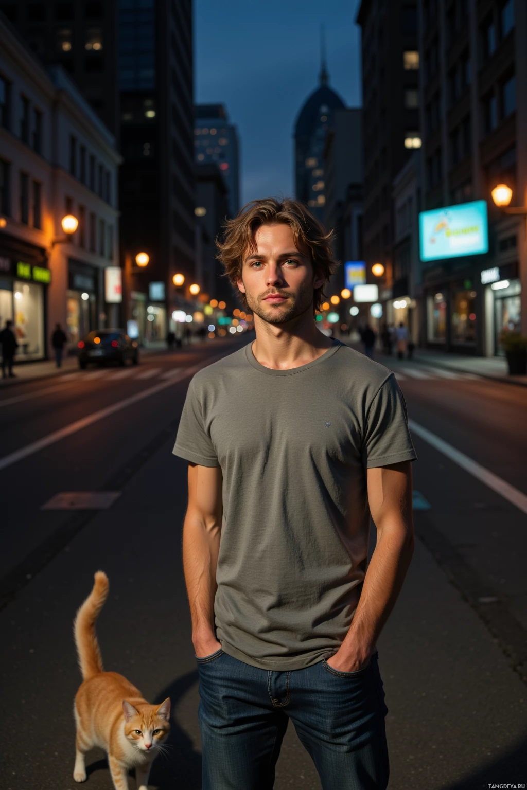 A man stands on a city street at dusk, with a cat walking beside him.