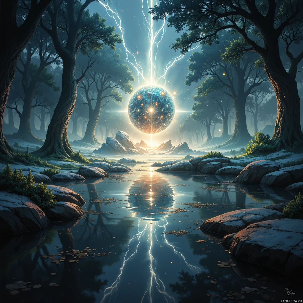 A serene forest scene with a glowing orb and lightning streaks reflected in a calm pond.