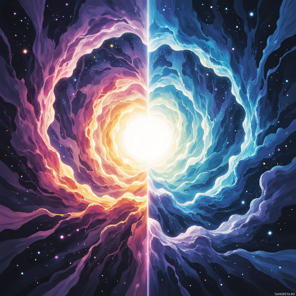 A vibrant cosmic scene featuring swirling nebulae in shades of purple, orange, blue, and white, set against a starry night sky.