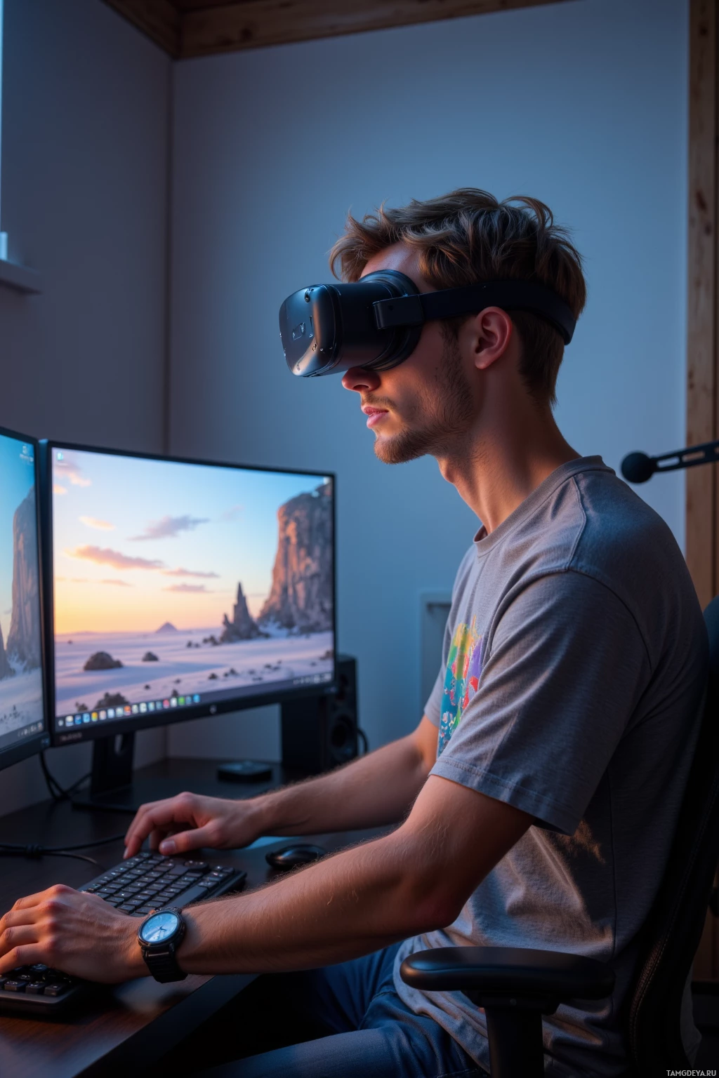 A person wearing a VR headset is seated at a desk, interacting with a computer.