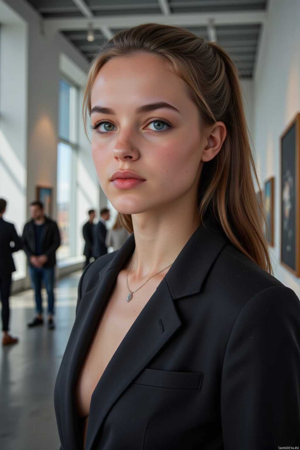 A woman in a black blazer stands in a modern interior space.