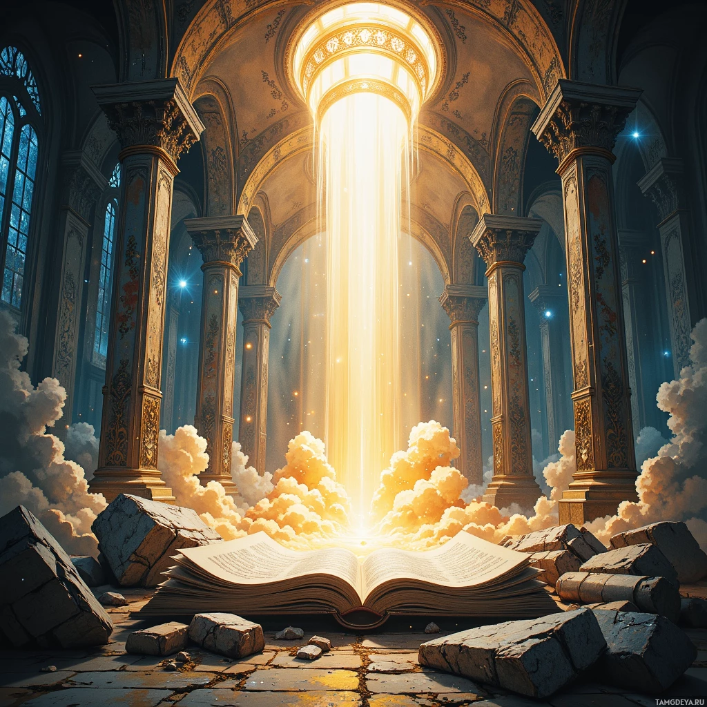 An open book lies on the ground amidst rubble, with a radiant light beam shining through an ornate archway.