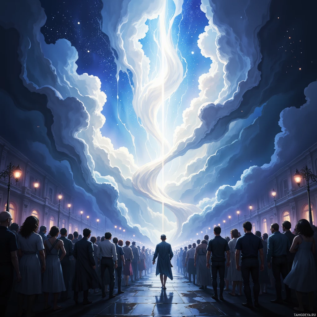 A crowd of people stands on a street under a dramatic sky with swirling clouds and a bright light source.