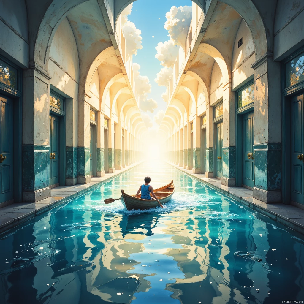 A person rows a boat through a sunlit, water-filled arcade.