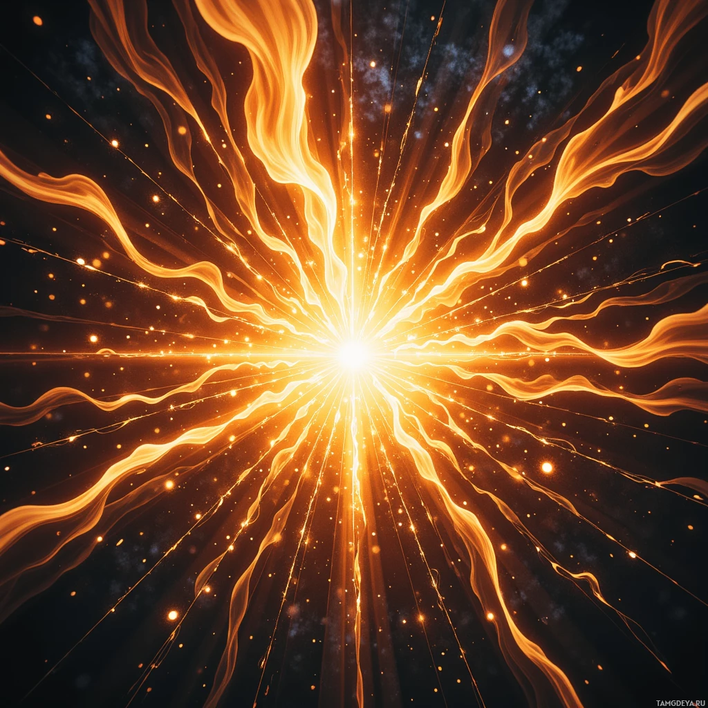 A radiant burst of golden light with streaks and particles radiating outward against a dark background.