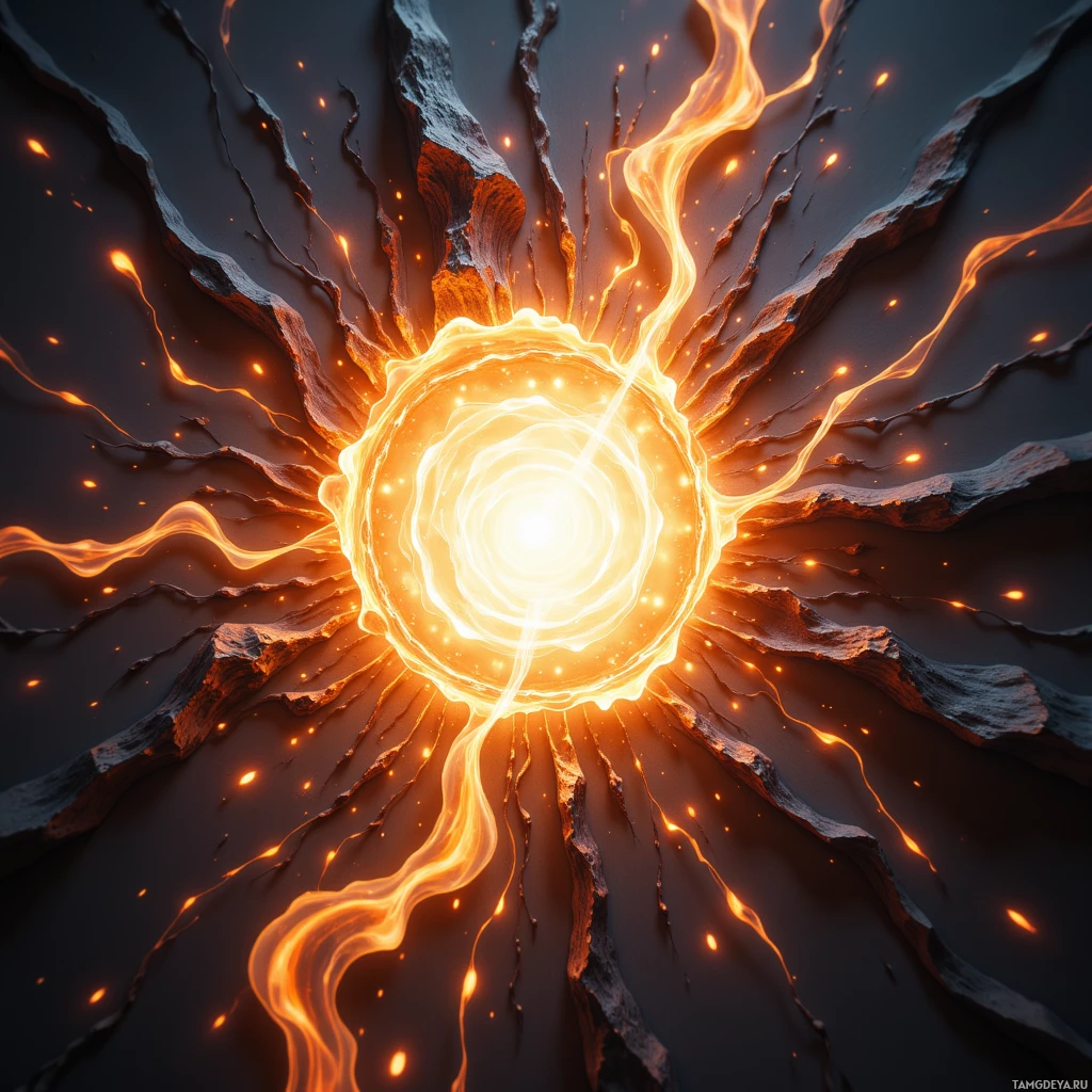 A fiery explosion with glowing orange tendrils and cracks radiating outward.