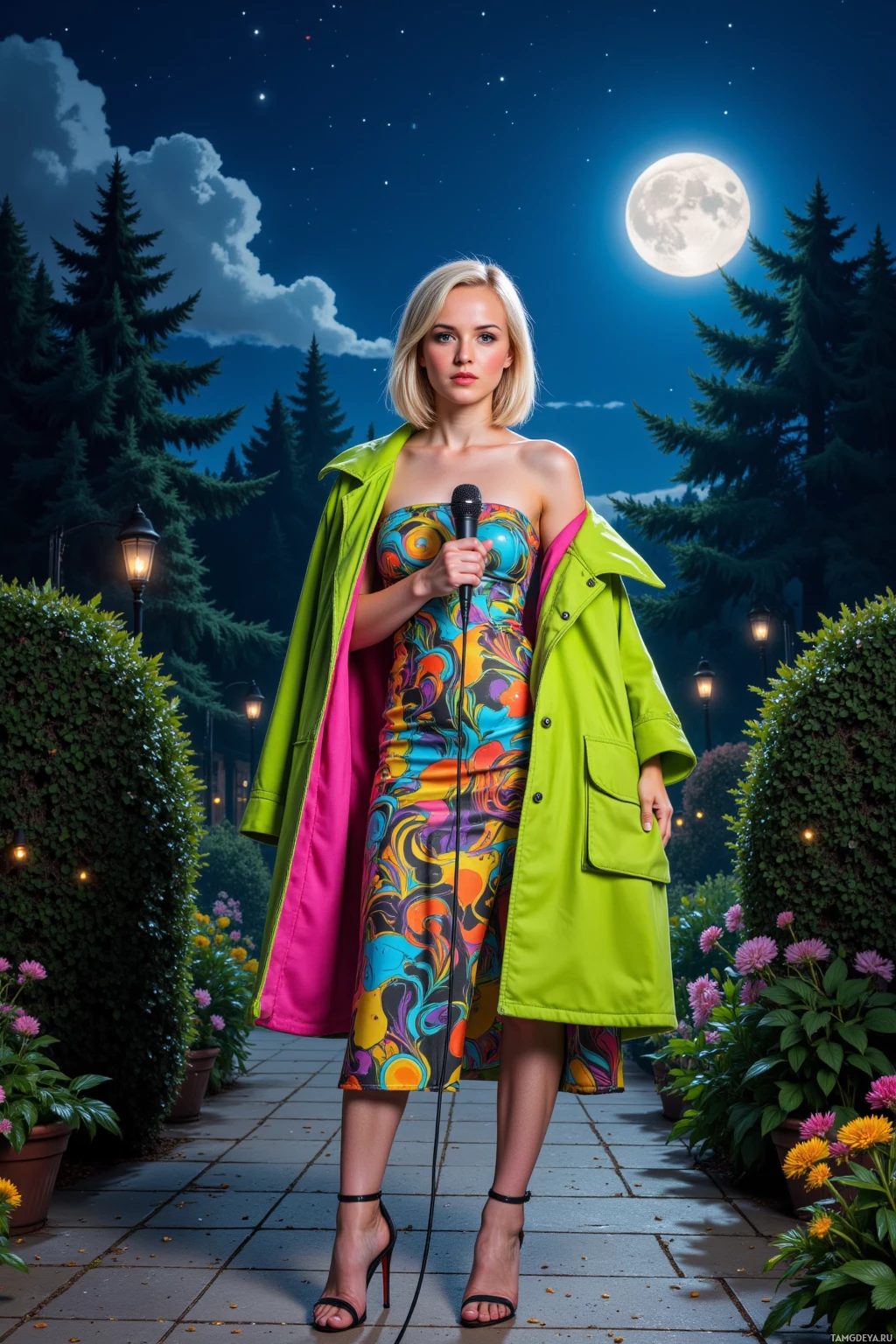 A woman stands on a garden path at night, holding a microphone, wearing a colorful dress and a bright green coat.