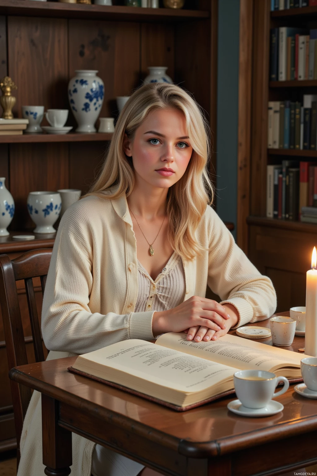 A woman sits at a wooden desk with an open book, surrounded by books and decorative items.
