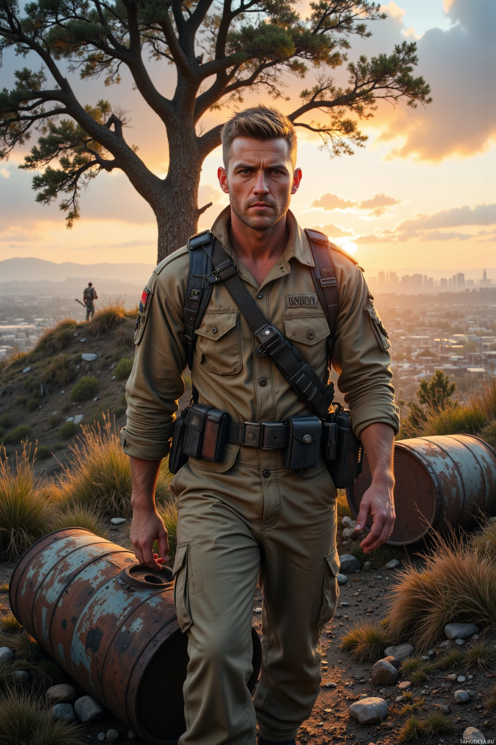 A man in military-style attire stands on a hillside at sunset, with a tree and a cityscape in the background.